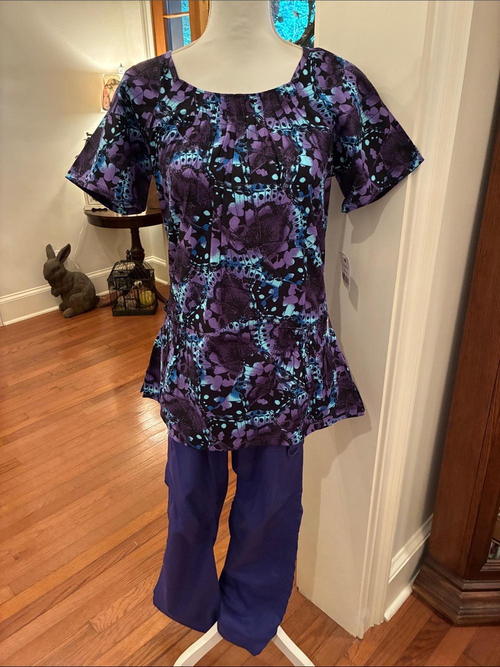 Koi Purple Scrub Set with Butterfly 🦋 Pattern Top and Rich Purple Pants